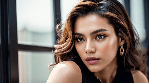 AI generated image of a woman model with wavy brown hair and gold earrings gazes thoughtfully out of a window, wearing a sleeveless black top and natural makeup with defined brows and soft pink lips.