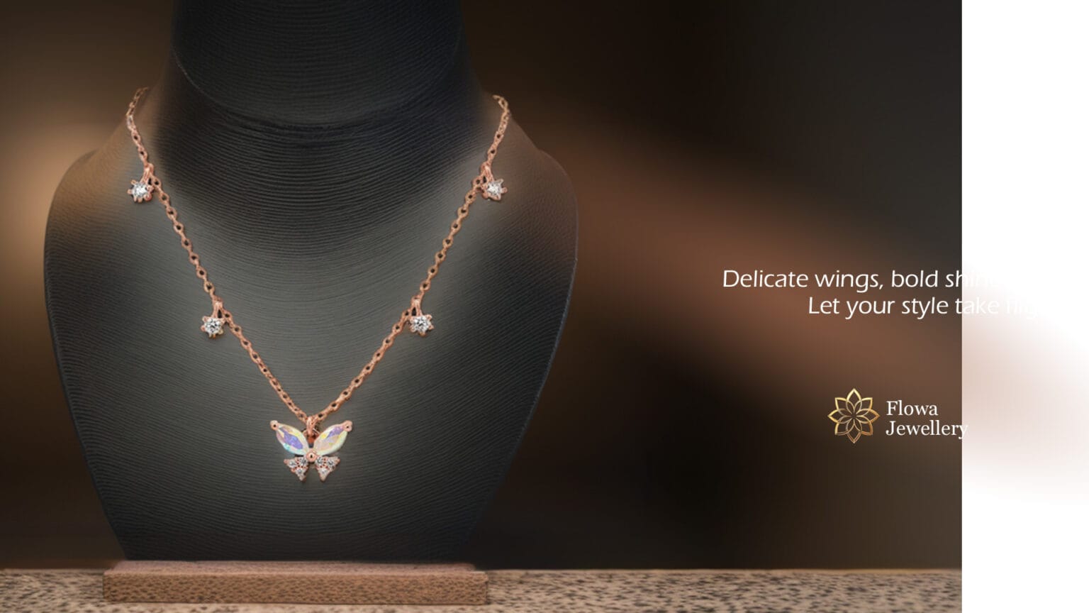AI generated image of a product banner that has insufficient background width. A rose gold necklace with butterfly and floral pendants is displayed on a black bust. Text reads, Delicate wings, bold shine. Let your style take flight. Flowa Jewellery logo appears on the right.