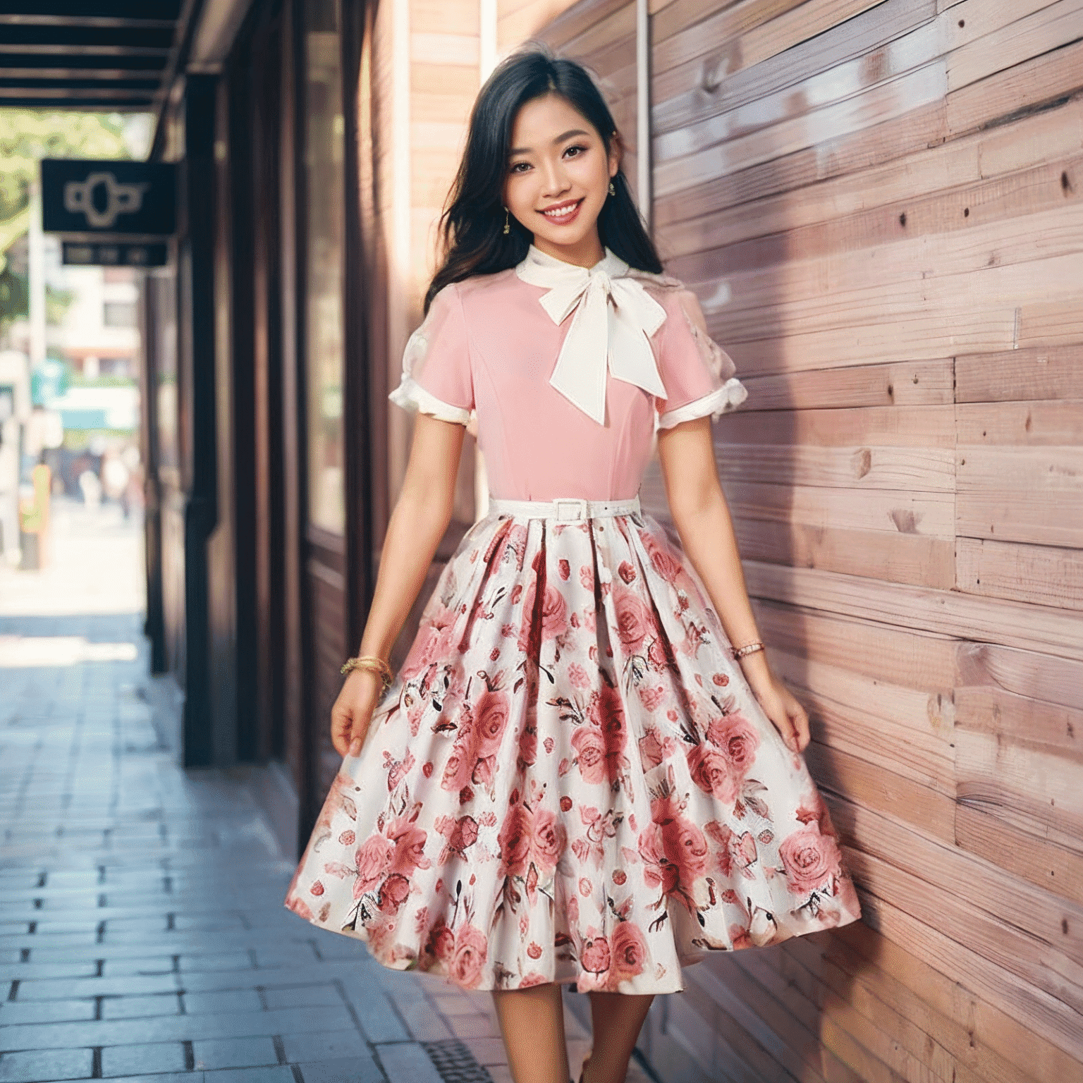 AI photoshoot. AI generated image of a woman smiles while standing on a sidewalk next to a wooden wall, wearing a pink top with a white bow and a knee-length floral skirt. The street and city background are softly blurred.