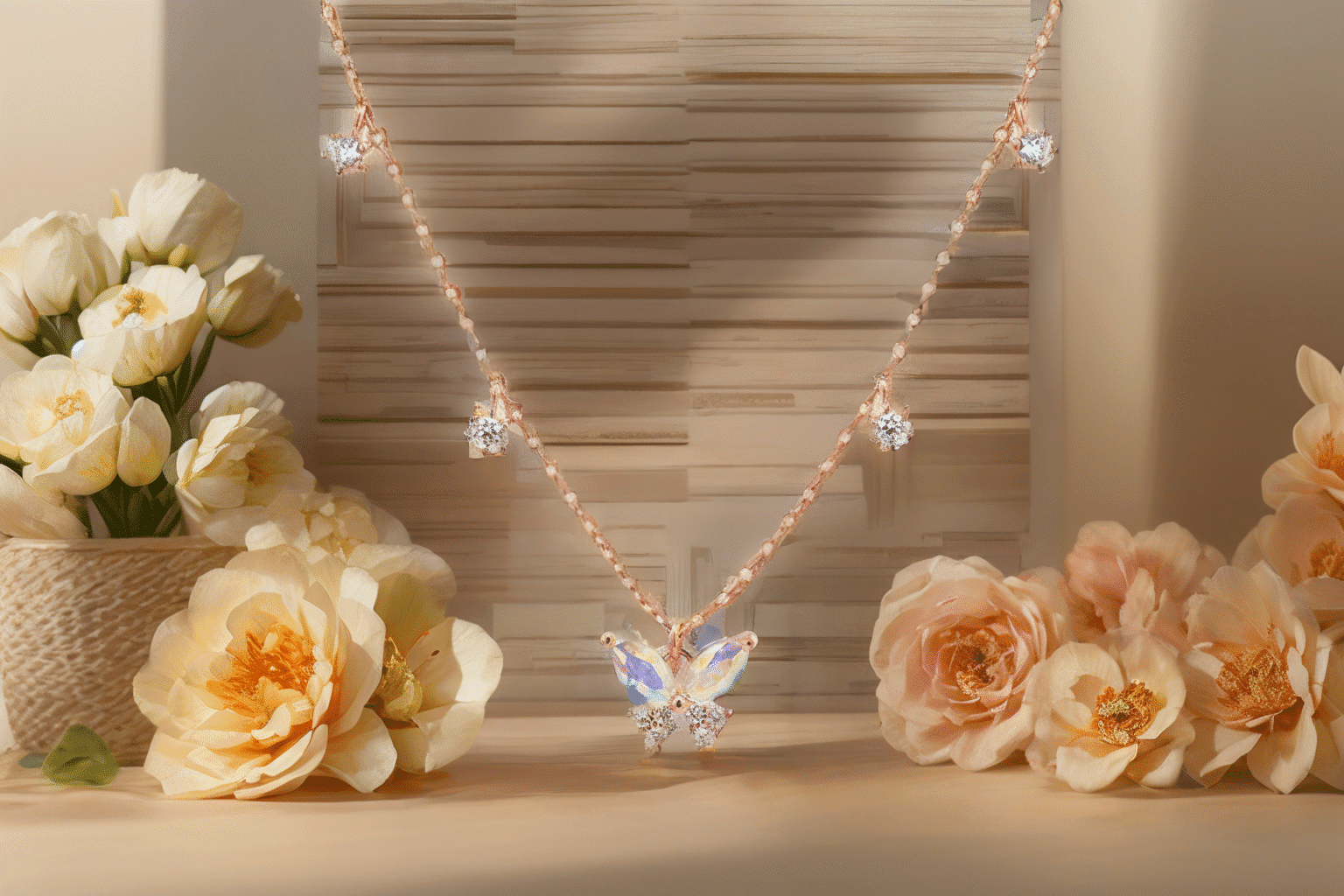 AI photoshoot. AI generated image of a delicate necklace with a butterfly pendant and sparkling stones is displayed among cream and peach roses on a light, softly lit surface with a textured beige background.