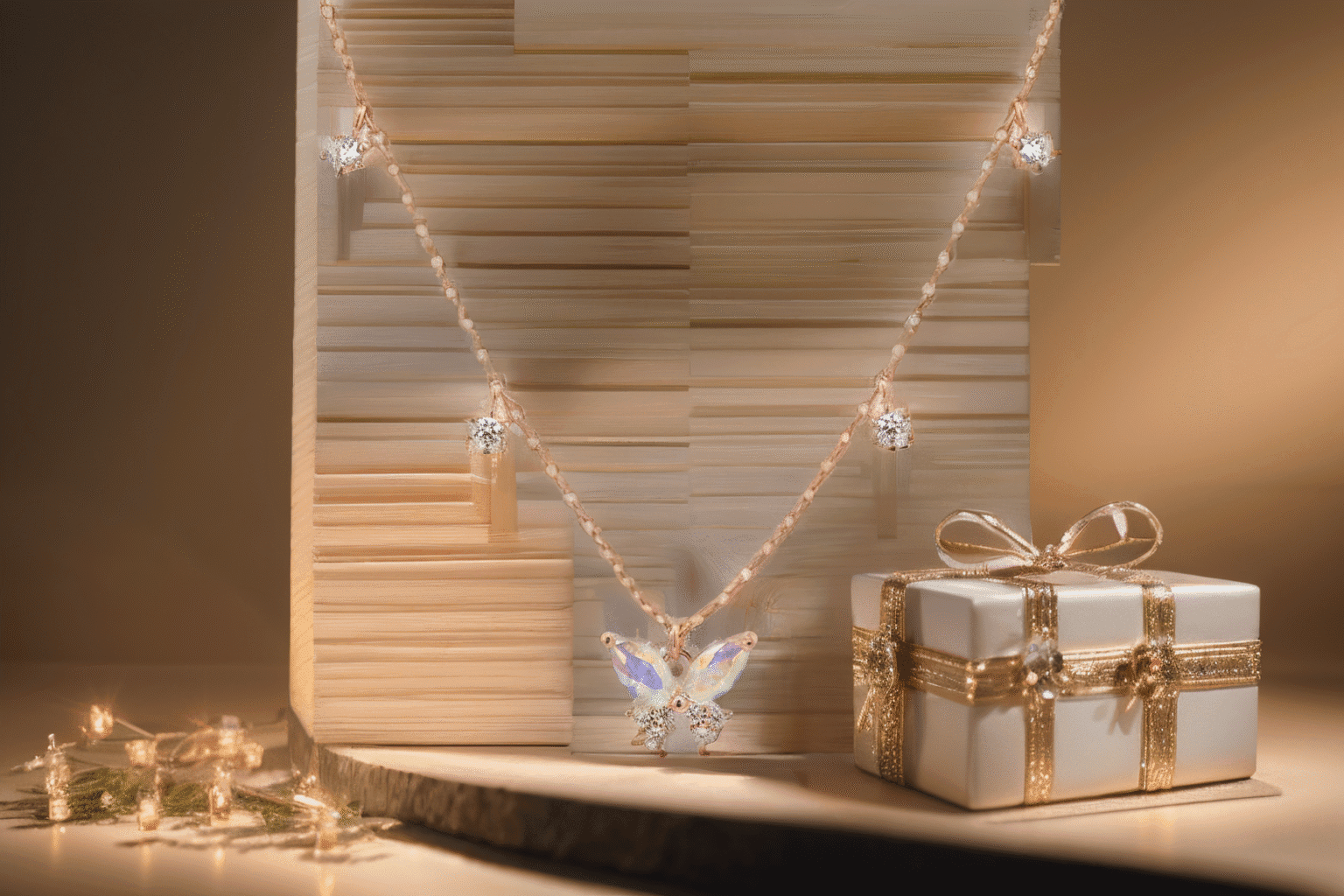 AI photoshoot. AI generated image of a delicate necklace with a butterfly pendant and sparkling stones is displayed beside a small, white gift box wrapped with a gold ribbon, all set against a softly lit, elegant background.