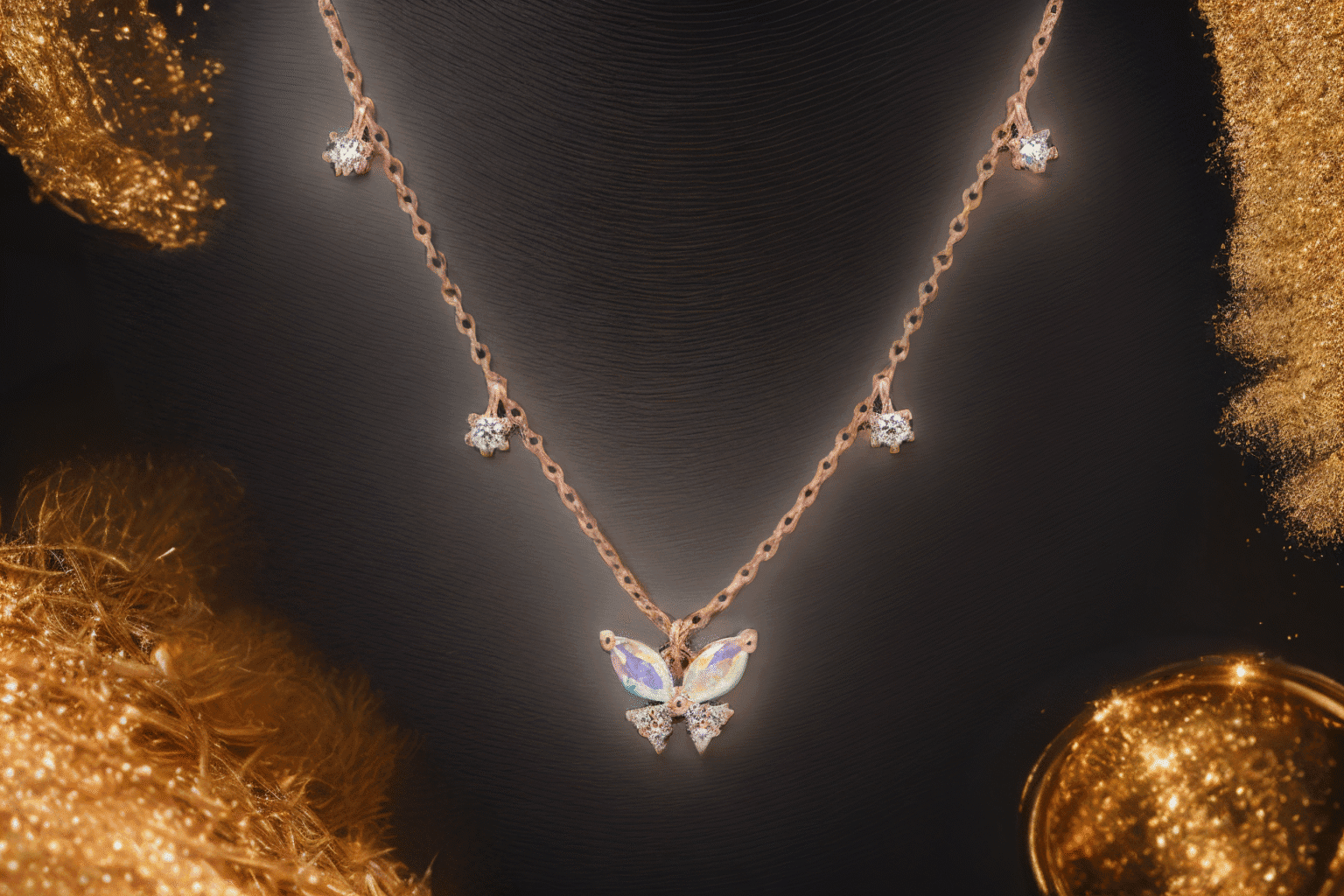 AI photoshoot. AI generated image of a delicate gold necklace with a butterfly-shaped pendant featuring white gemstones, surrounded by small, sparkling stones on a dark, textured background with golden glitter accents.