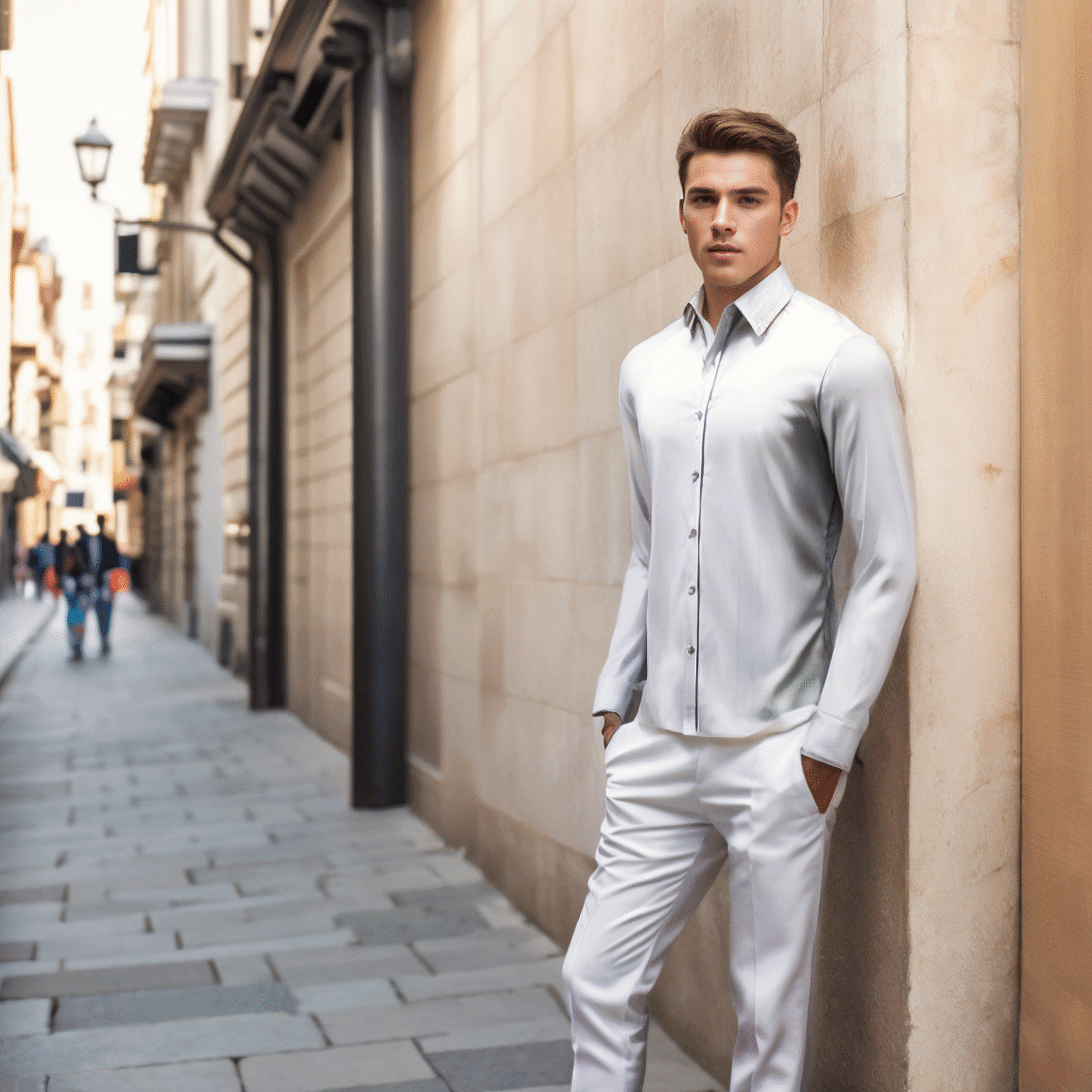 AI photoshoot. AI generated image of a young man in a white satin shirt and white pants stands against a stone wall on a narrow, empty city street, with a few people visible in the distance.