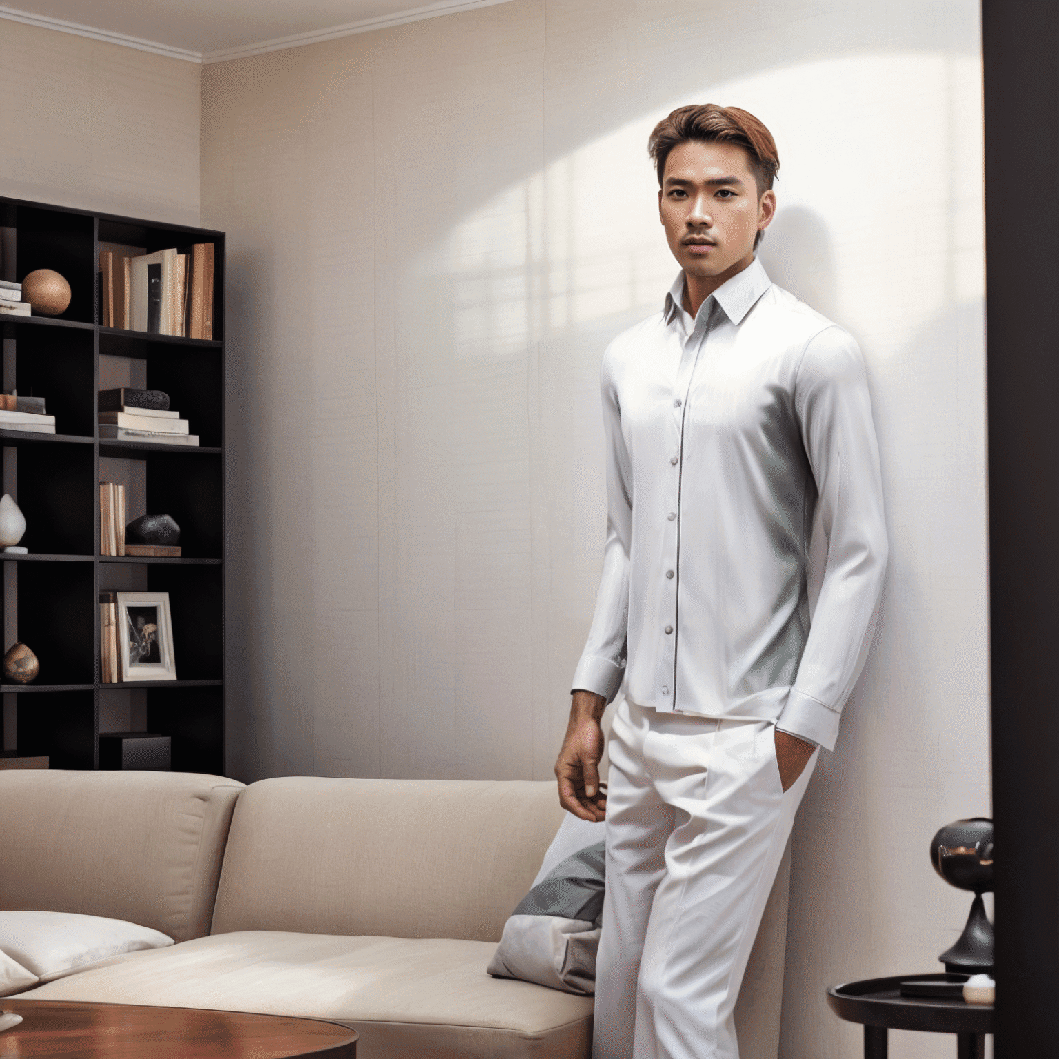 AI photoshoot. AI generated image of a man in a white shirt and pants stands beside a beige sofa in a modern living room with a bookshelf in the background.