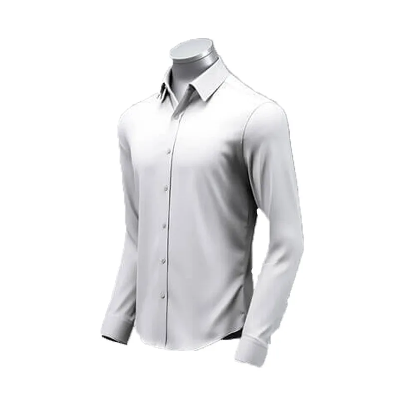 Screenshot of a real men's office shirt. A plain white, long-sleeved button-up shirt displayed on a featureless mannequin torso, shown from a slight angle on a white background.