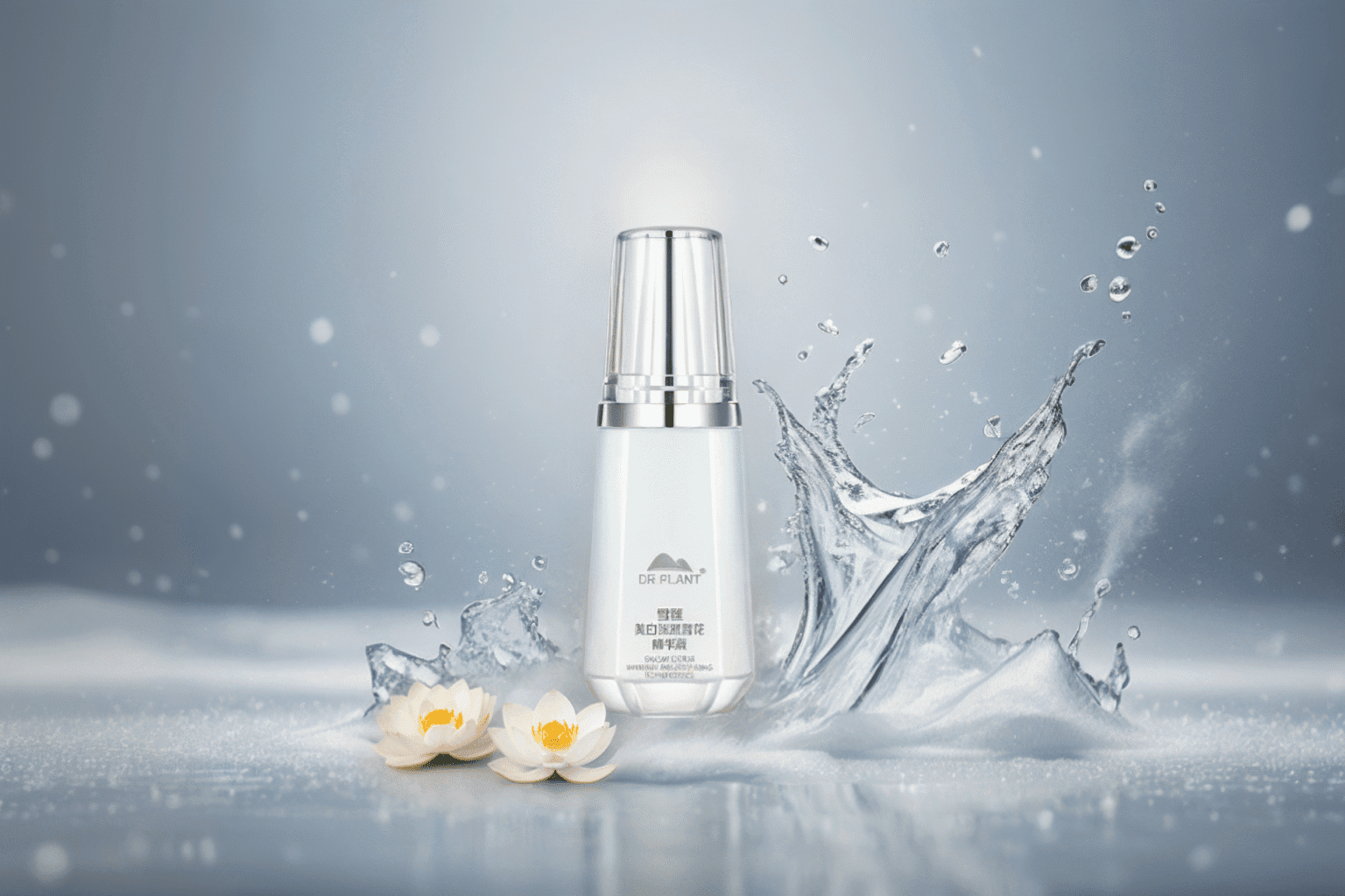 AI photoshoot. AI generated image of a skincare serum bottle stands upright amid splashing water and two white lotus flowers, set against a soft blue background with a radiant glow, conveying freshness and purity.
