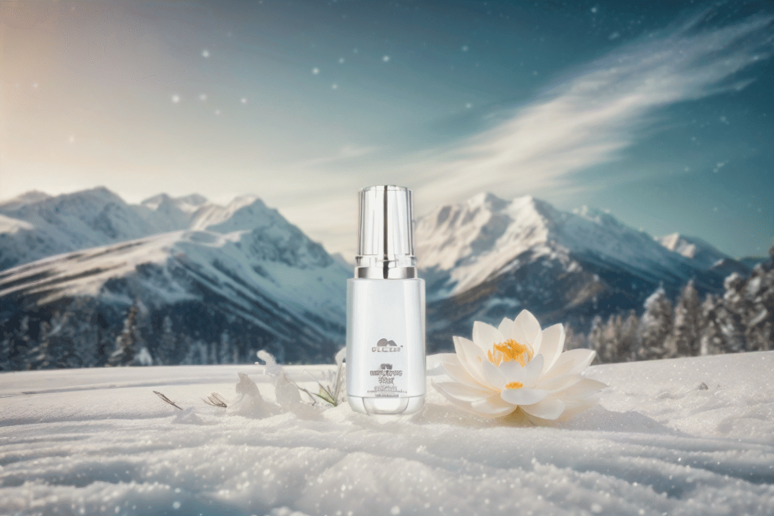 AI photoshoot. AI generated image of a serum bottle and a white lotus flower rest on snowy ground with tall snow-covered mountains and a bright, blue sky in the background.