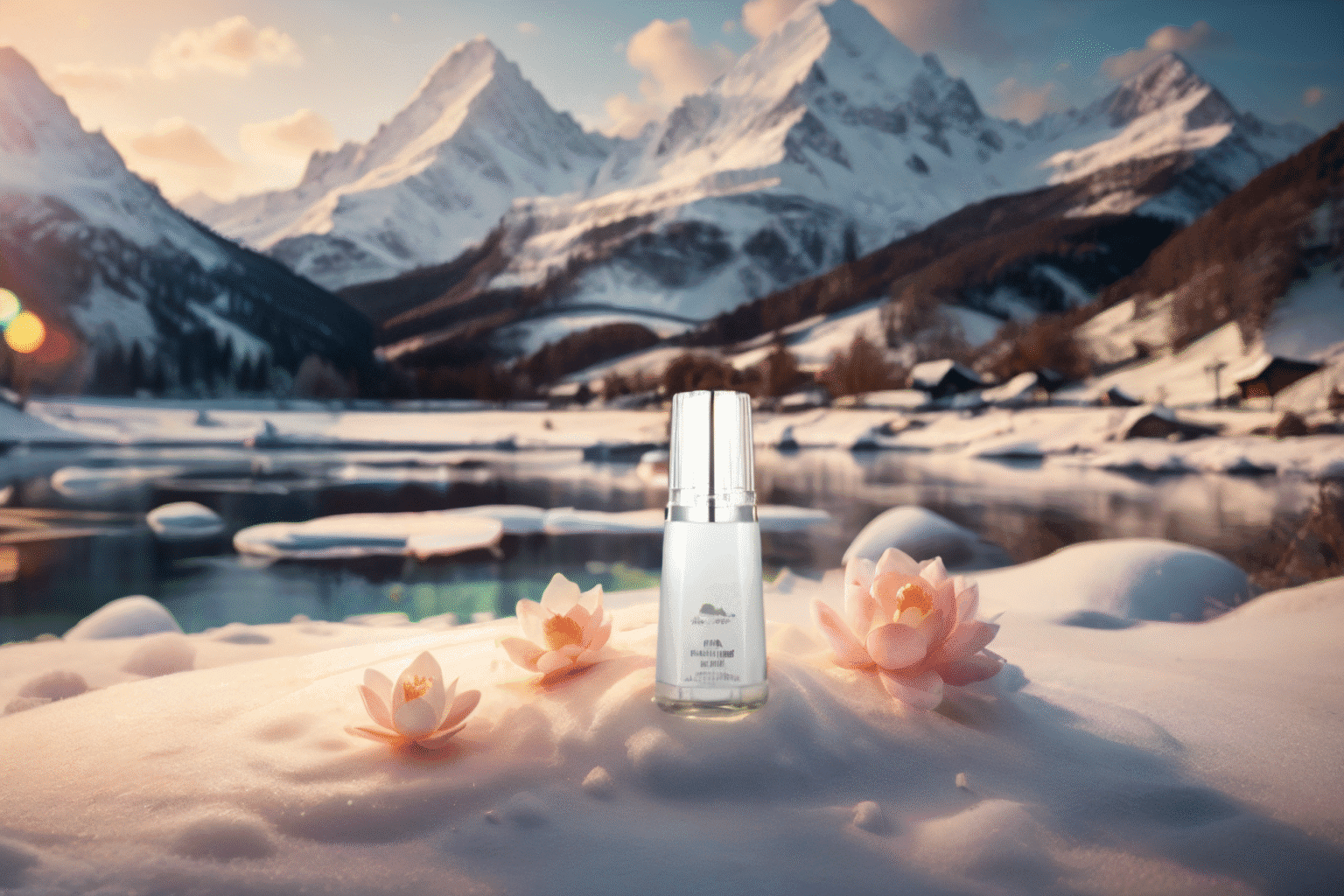 AI photoshoot. AI generated image of a skincare serum bottle sits on snow surrounded by pink lotus flowers, with a serene mountain lake and snow-covered peaks in the background under a partly cloudy sky.