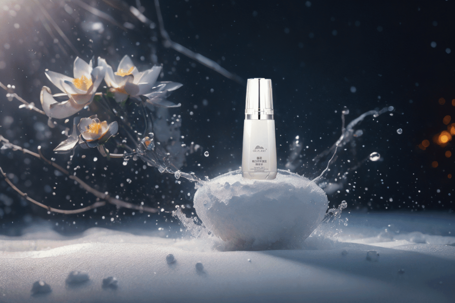 AI photoshoot. AI generated image of a white cosmetic bottle stands on a mound of snow, surrounded by water splashes and blooming white flowers, set against a dark, softly lit background.