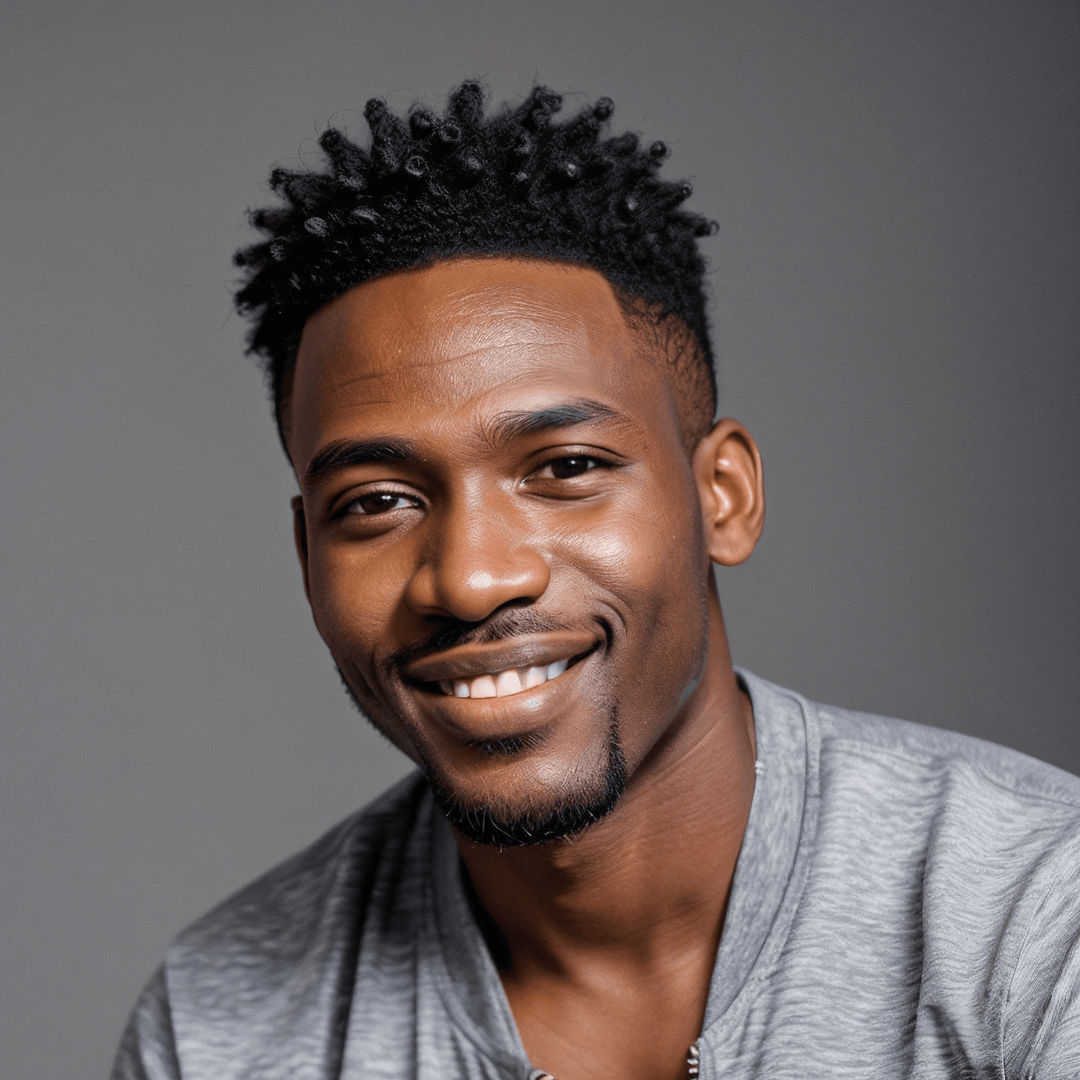 AI generated portrait image of an African man with short curly hair and a trimmed beard smiles at the camera. He is wearing a light gray shirt and is posed against a plain gray background.