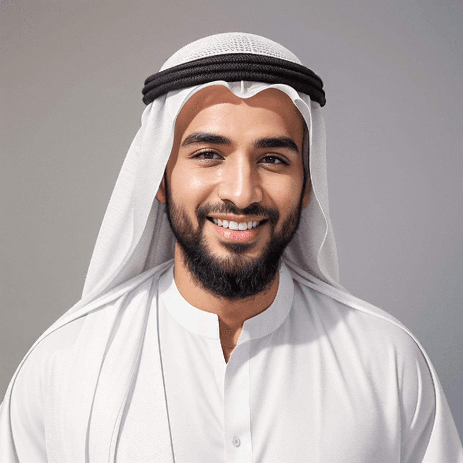 AI generated portrait image of a smiling Arabian man with a neatly groomed beard wearing a white kandura and traditional Middle Eastern head covering against a plain, light background.