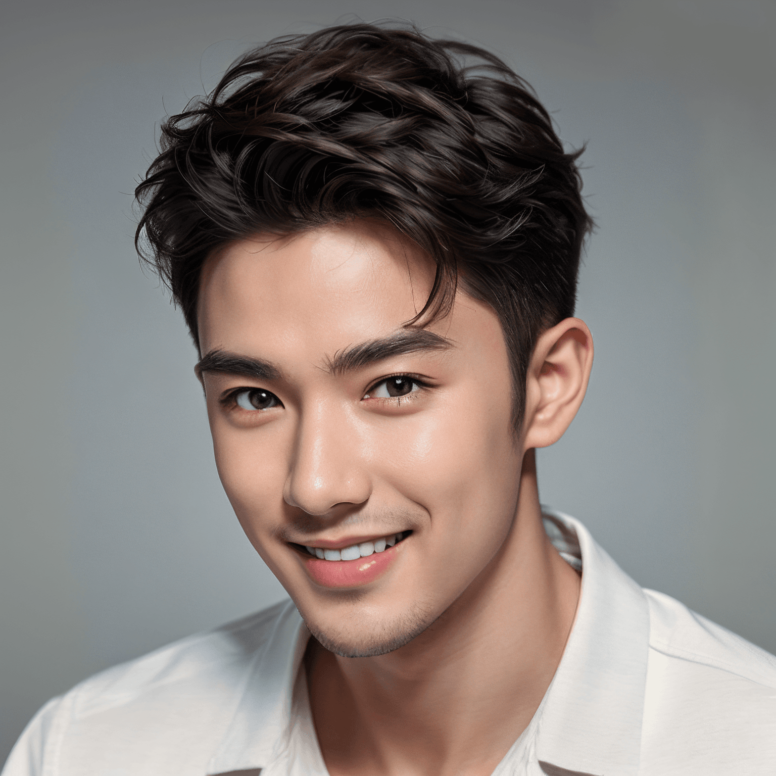 AI generated portrait image of a young Northeast Asia Chinese man with short, wavy dark hair and a light stubble smiles warmly at the camera. He is wearing a white shirt and is posed against a simple, neutral background.