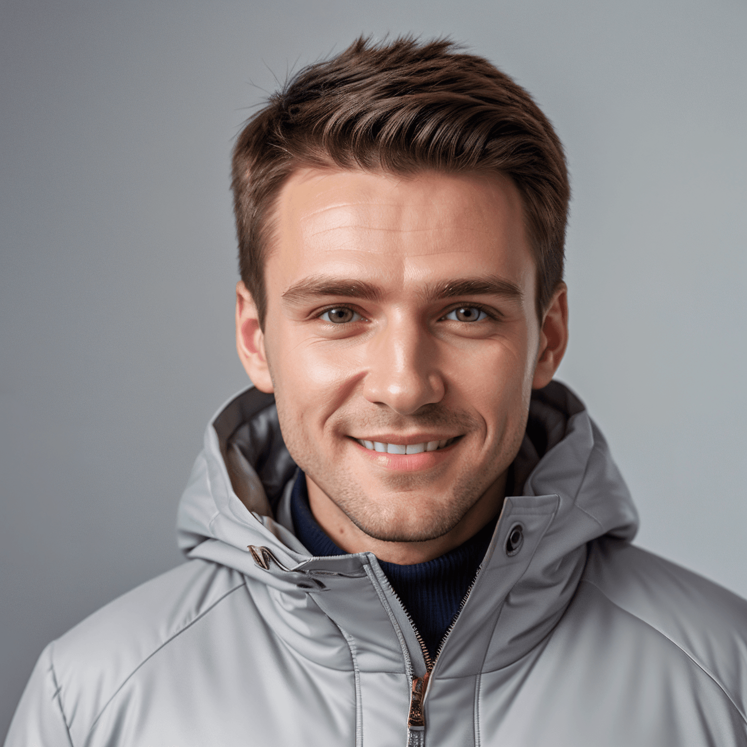 AI generated portrait image of a young East European man with short brown hair smiles at the camera, wearing a gray zip-up jacket with the hood down. The background is plain and light-colored.