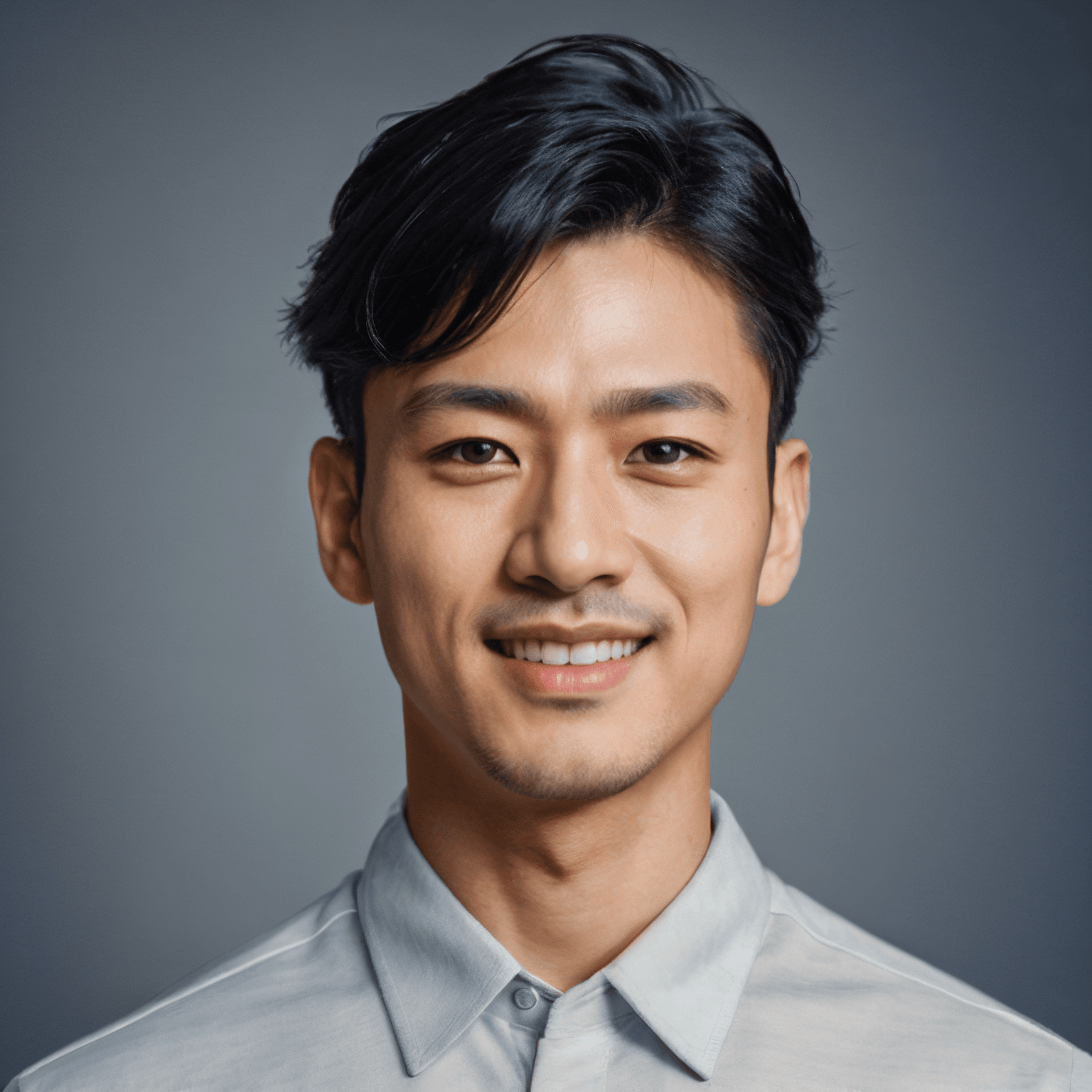 AI generated portrait image of a young Japanese man with short, wavy black hair and light stubble smiles warmly. He is wearing a light gray collared shirt and stands against a plain, softly lit gray background.