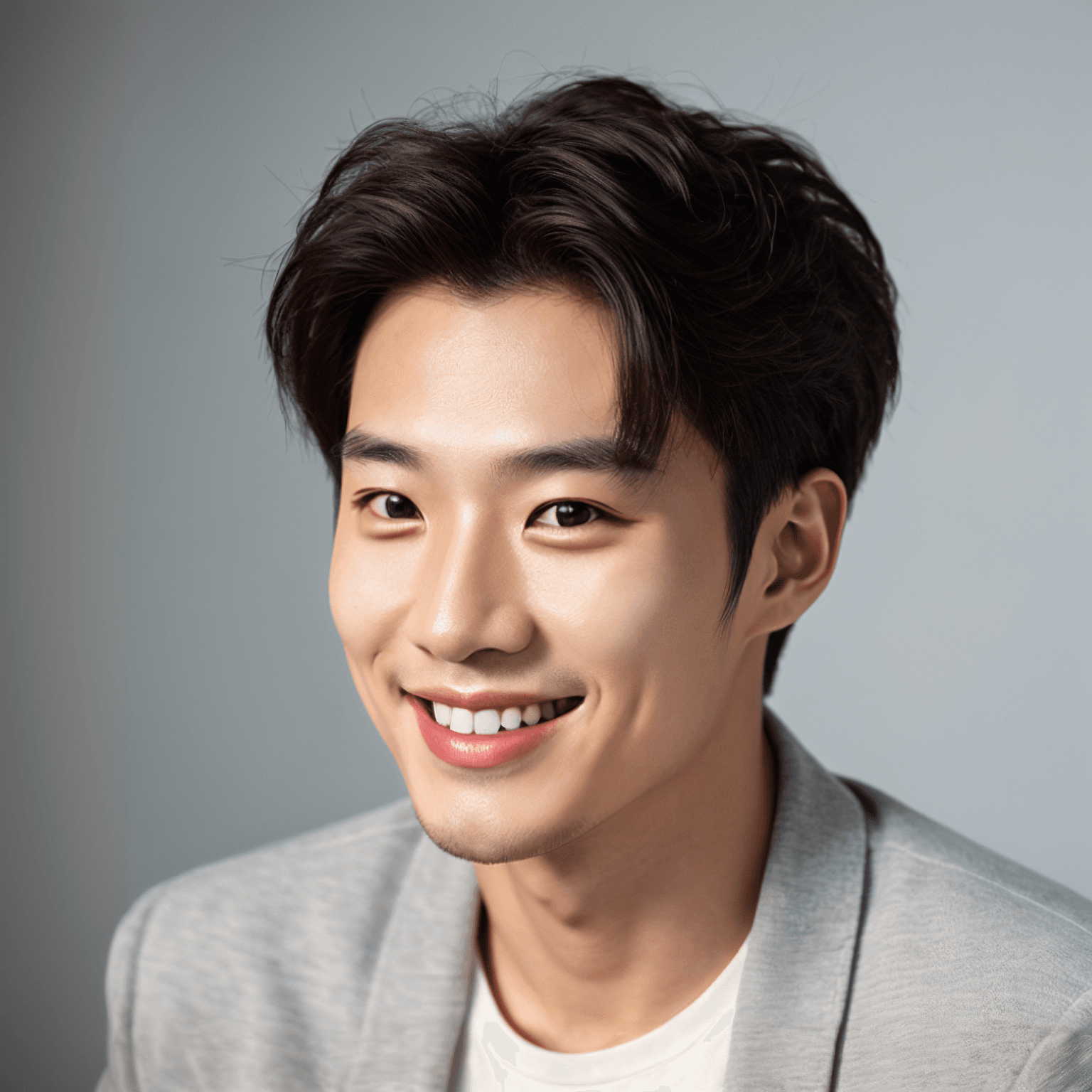 AI generated portrait image of a young Korean man with short, dark hair smiles warmly at the camera. He is wearing a light gray blazer over a white shirt, and the background is a simple, soft gray gradient.
