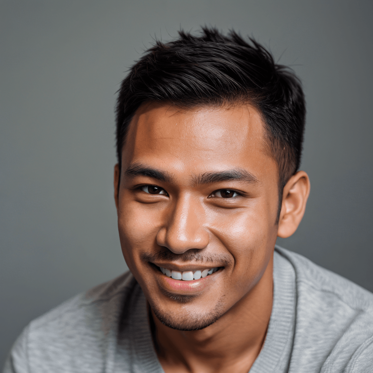 AI generated portrait image of a young Malay man with short black hair and a neatly trimmed beard smiles warmly, wearing a light gray sweater, against a plain gray background.