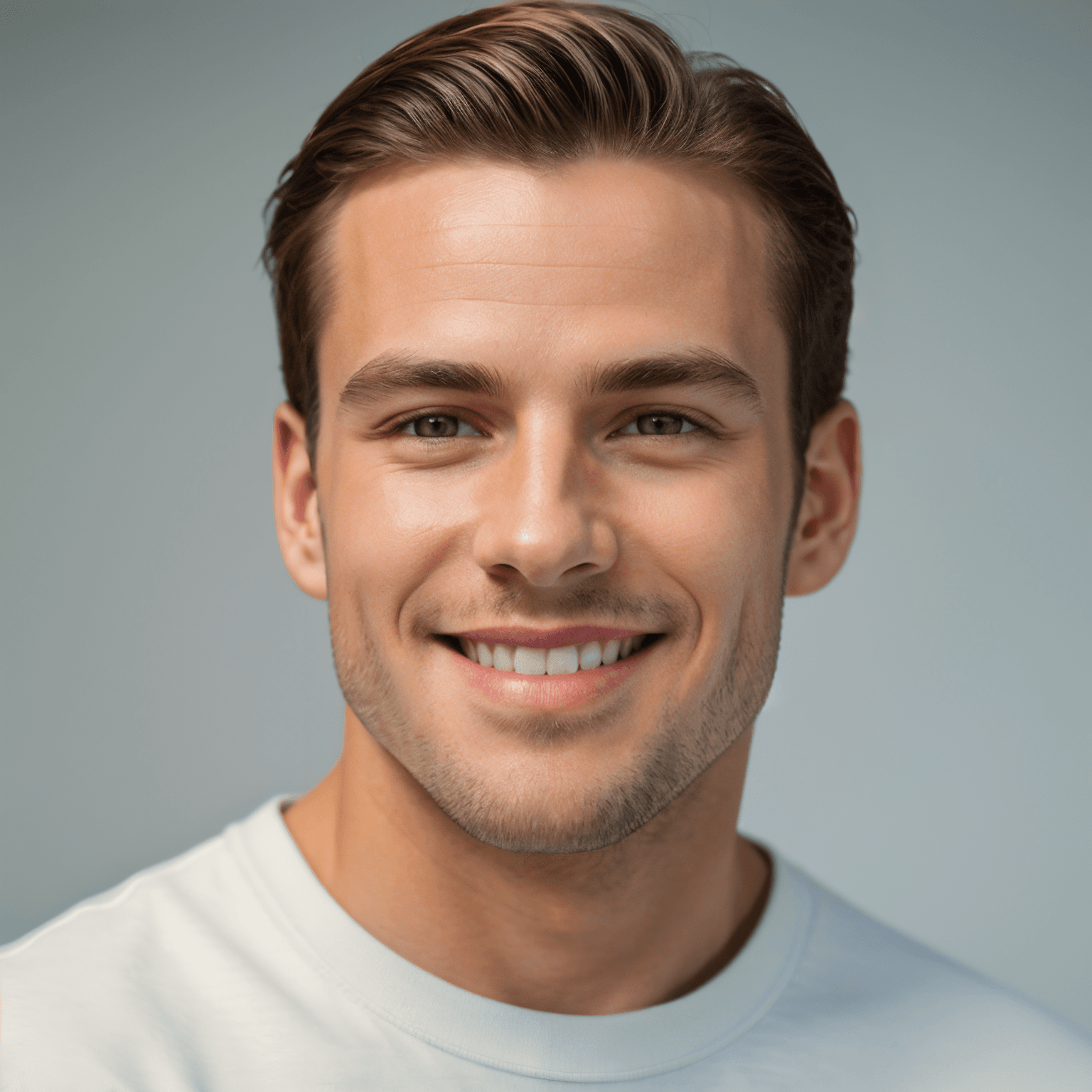 AI generated portrait image of a young North American man with short brown hair and light stubble smiles warmly at the camera. He is wearing a white crew-neck shirt and is set against a neutral, light gray background.