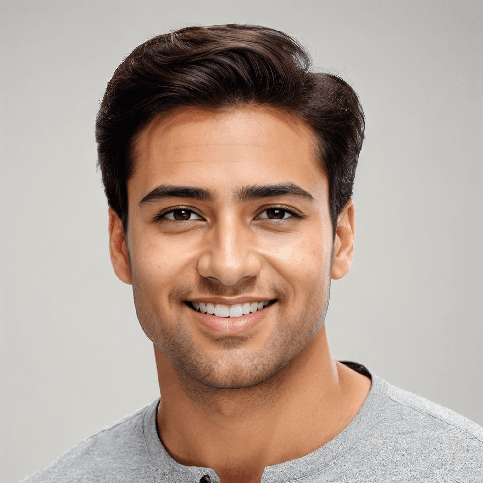 AI generated portrait image of a young North Indian man with short, dark hair and a trimmed beard smiles warmly at the camera. He is wearing a light gray shirt and is posed against a plain, light background.