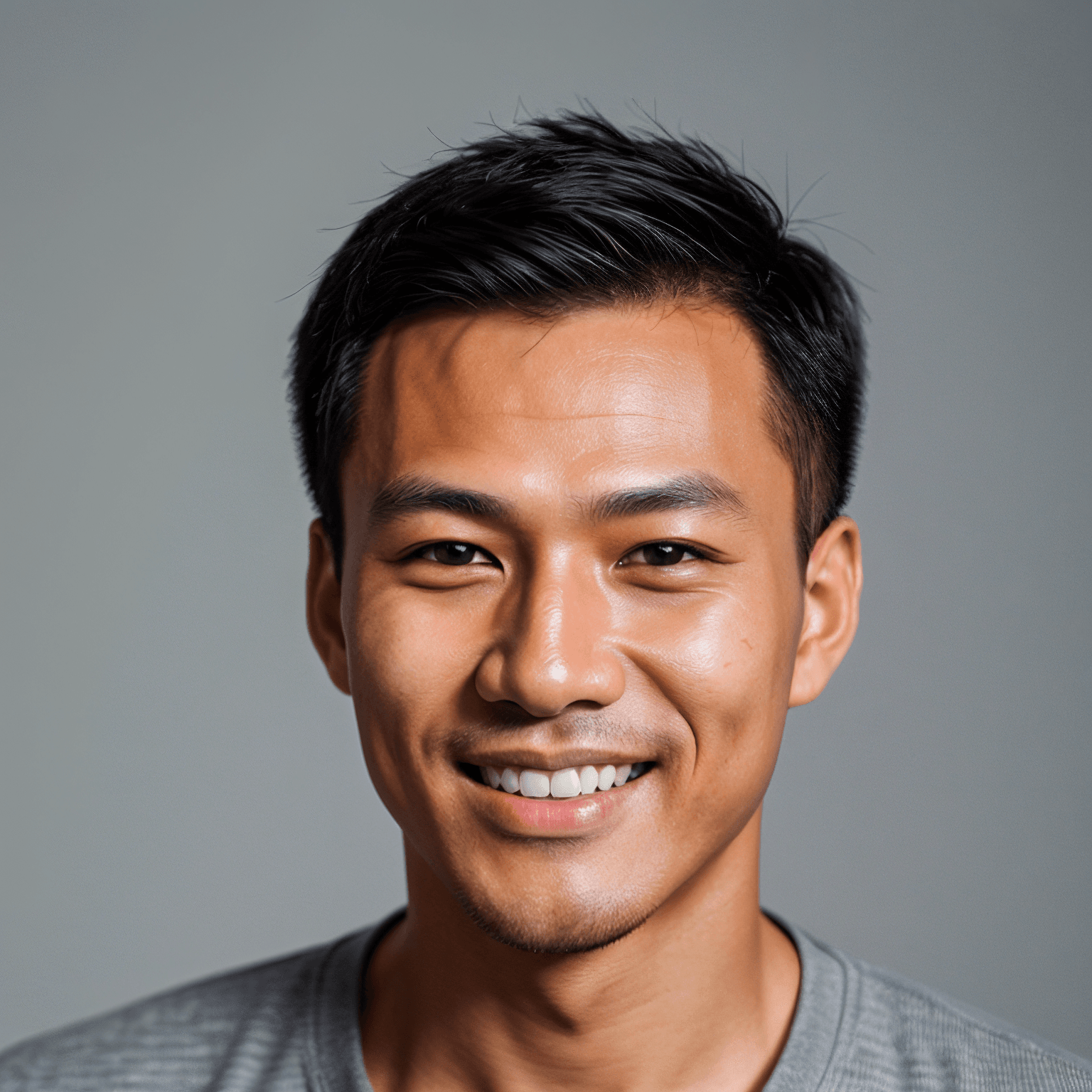 AI generated portrait image of a young Southeast Asia Chinese man with short black hair, wearing a gray shirt, smiles while looking directly at the camera against a plain gray background.
