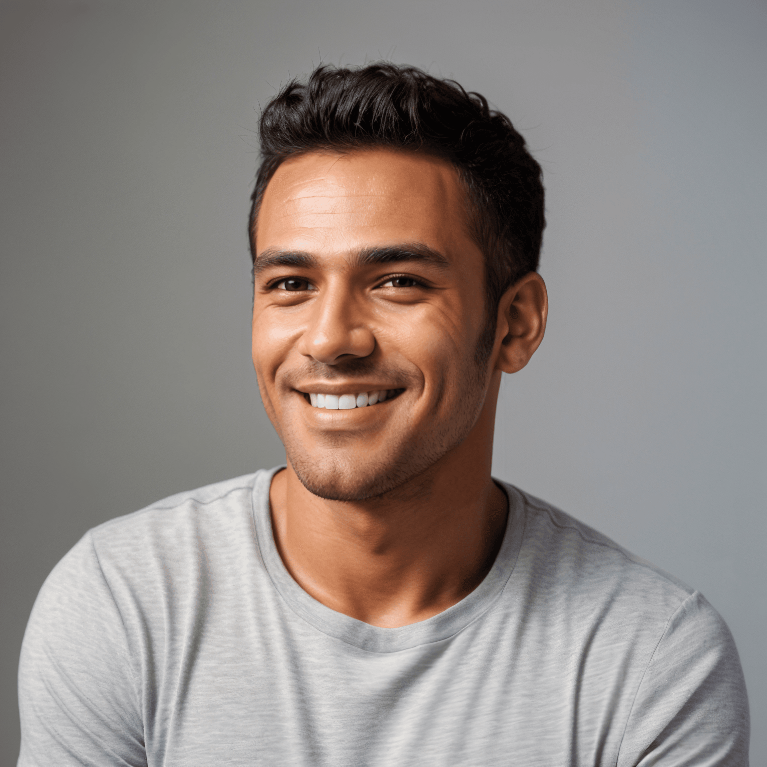 AI generated portrait image of a young Latin America man with short dark hair and a light beard smiles warmly at the camera. He is wearing a light gray t-shirt and is pictured against a plain, softly lit background.