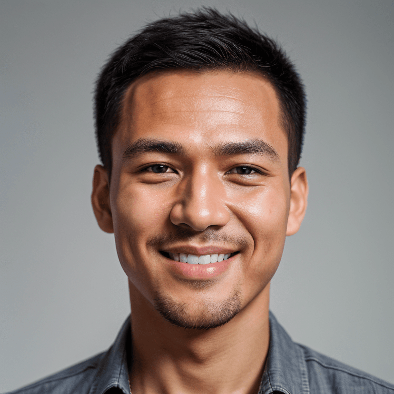 AI generated portrait image of a young Thai man with short black hair and a trimmed goatee smiles warmly at the camera. He is wearing a gray collared shirt and is posed against a plain gray background.