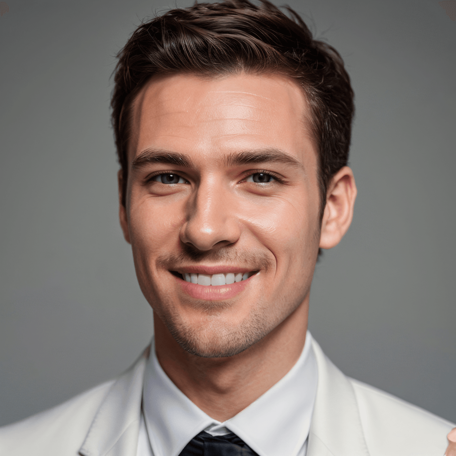 AI generated portrait image of a young West European man with short brown hair, wearing a white suit jacket, white shirt, and black tie, smiles at the camera against a plain gray background.