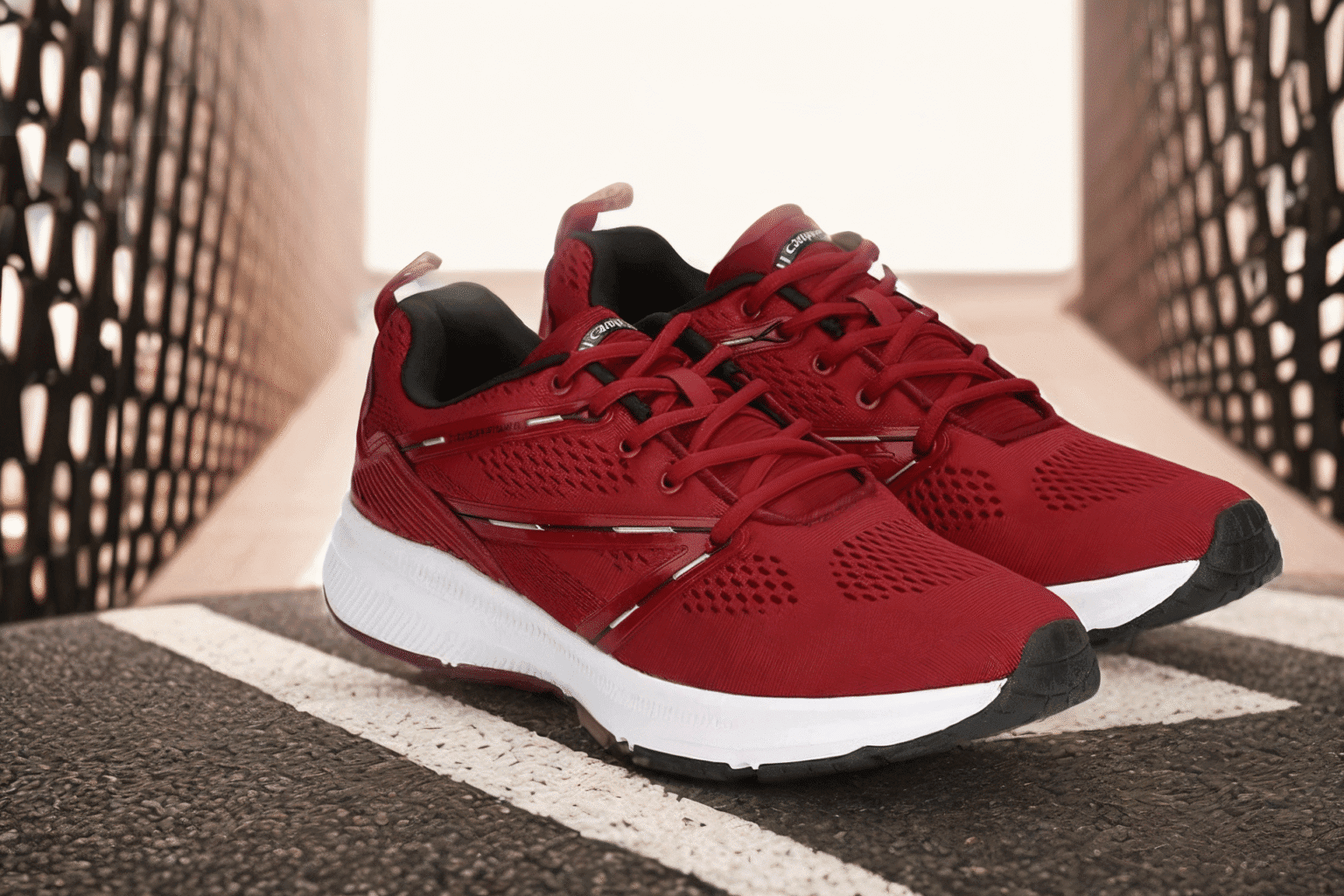 AI photoshoot. AI generated image of a pair of red athletic sneakers with white soles positioned on a running track, with a patterned metal fence on the left and a blurred background, suggesting an outdoor urban setting.