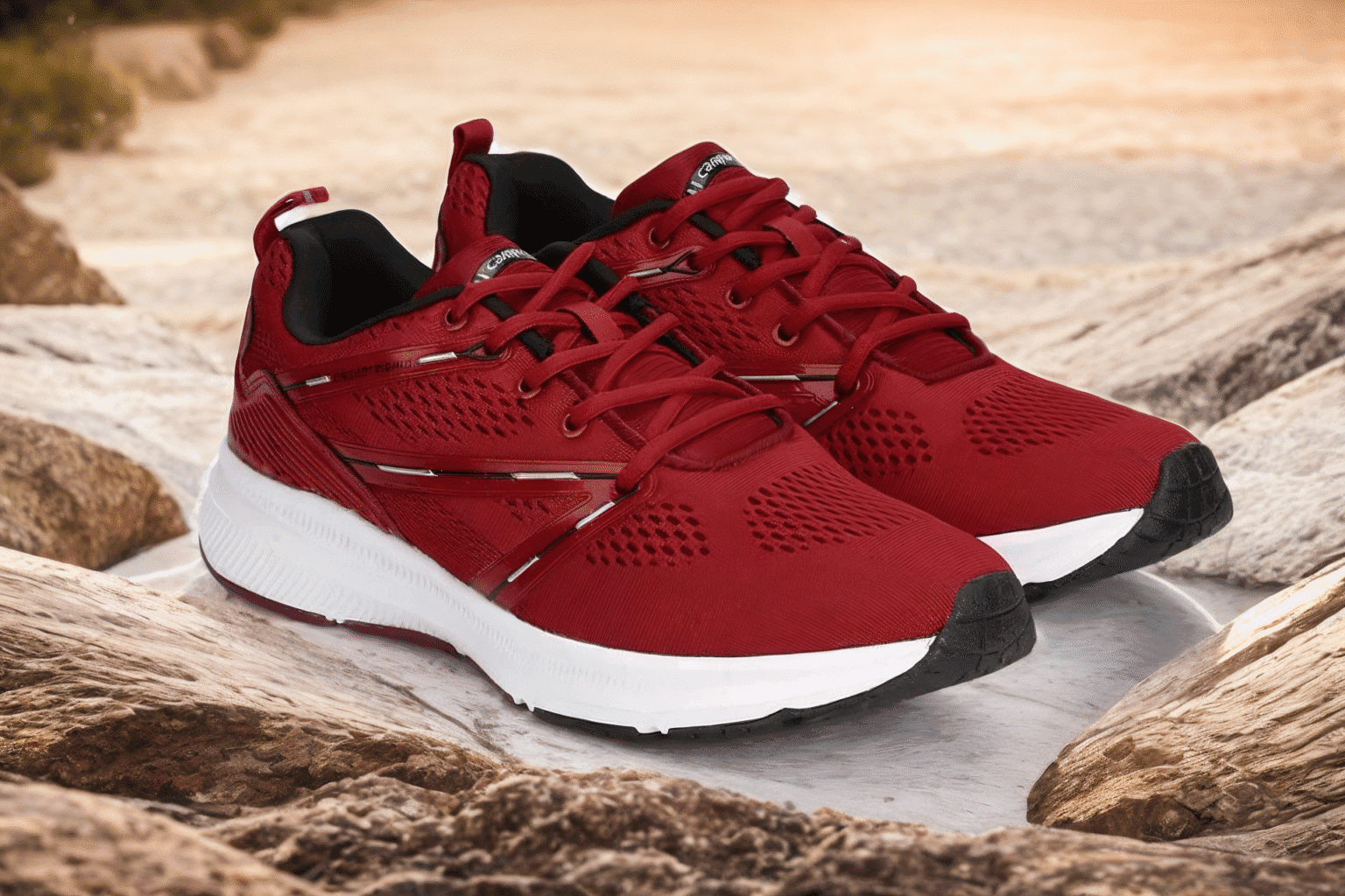 AI photoshoot. AI generated image of a pair of red athletic sneakers with white soles and black accents is displayed outdoors on rocky terrain under natural light.