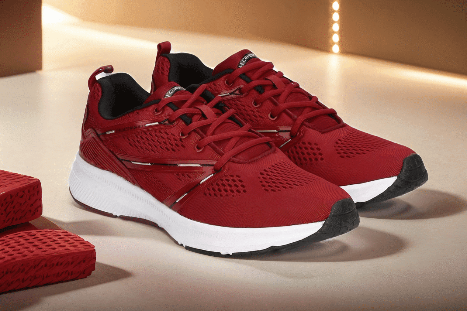 AI photoshoot. AI generated image of a pair of red athletic sneakers with white soles displayed on a beige surface, featuring mesh uppers and black interior lining, set against a softly lit background.