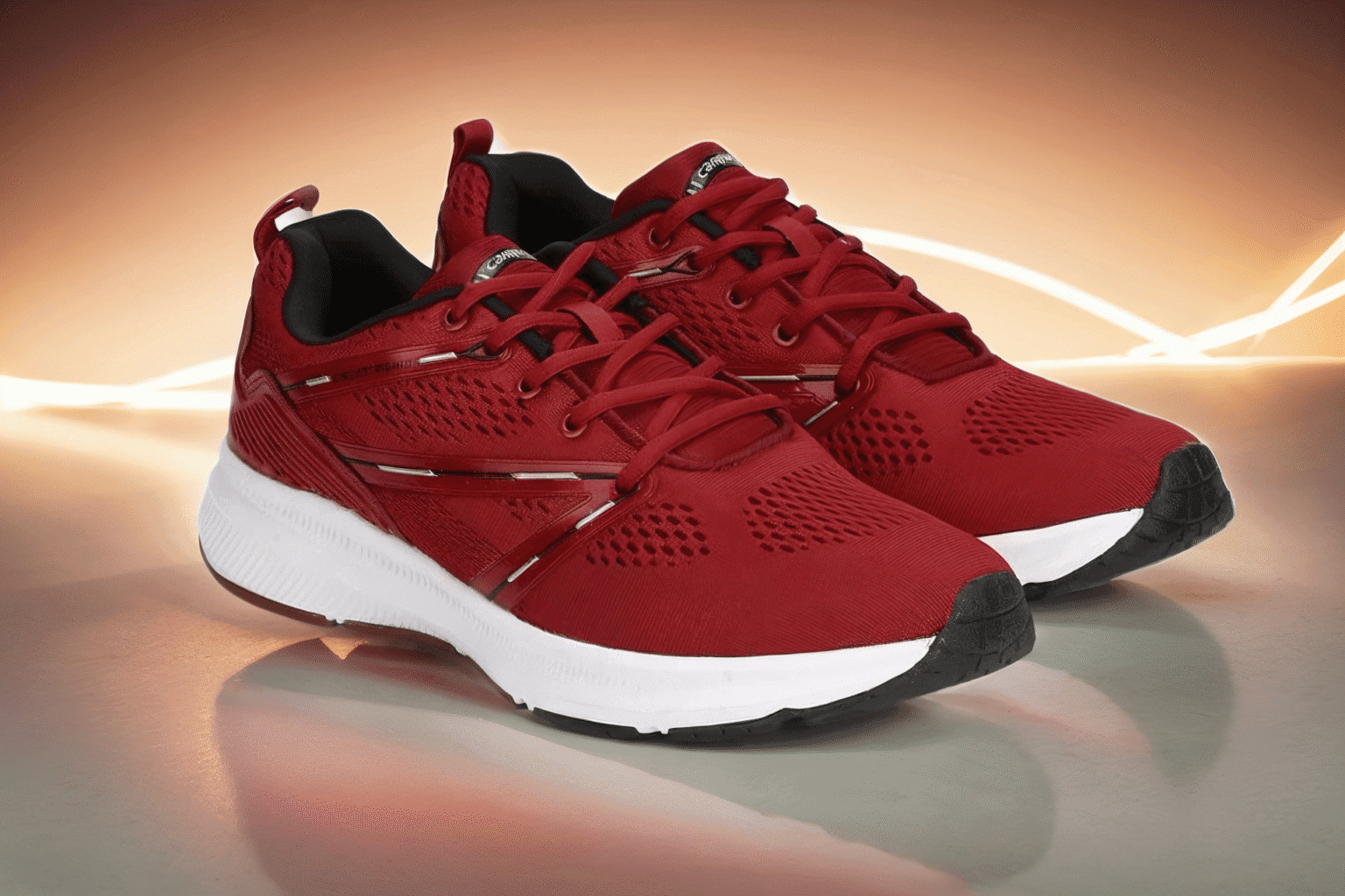 AI photoshoot. AI generated image of a pair of red athletic running shoes with white soles and black accents, displayed on a reflective surface with a warm, glowing background.