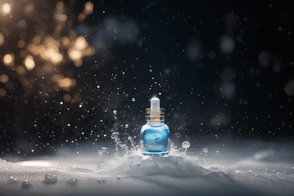 AI generated image of a product photoshoot. A small blue glass dropper bottle stands upright amid splashing water and mist, surrounded by a dramatic dark background with a warm golden light in the corner, creating a sense of freshness and luxury.