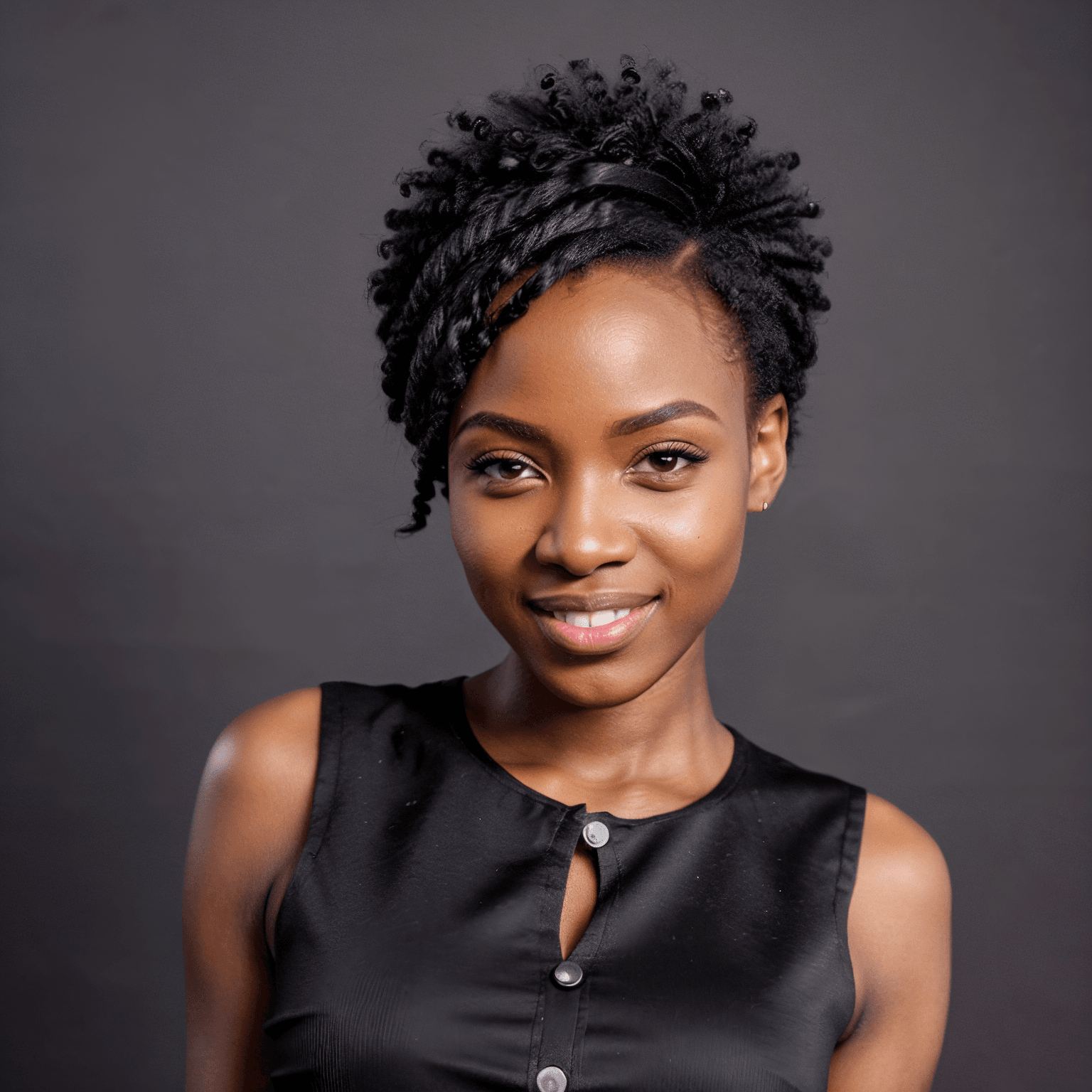 AI generated portrait image of a young African woman with short, styled natural hair and a sleeveless black top smiles warmly at the camera against a plain dark background.