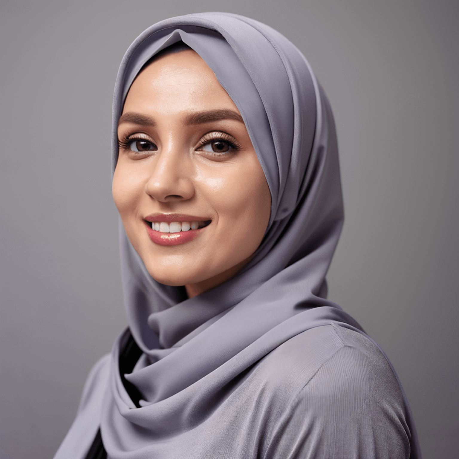 AI generated portrait image of a young Arabian woman wearing a light gray hijab and matching top smiles gently at the camera, set against a plain, neutral background.