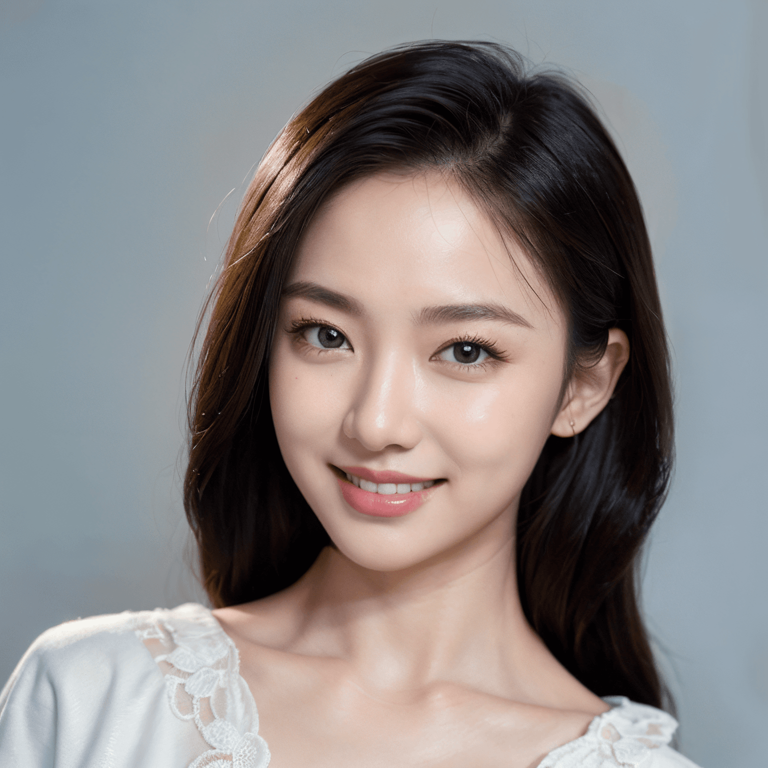 AI generated portrait image of a young Northeast Asian Chinese woman with long dark hair smiles at the camera. She wears a white top with lace details and has natural makeup, against a simple gray background.