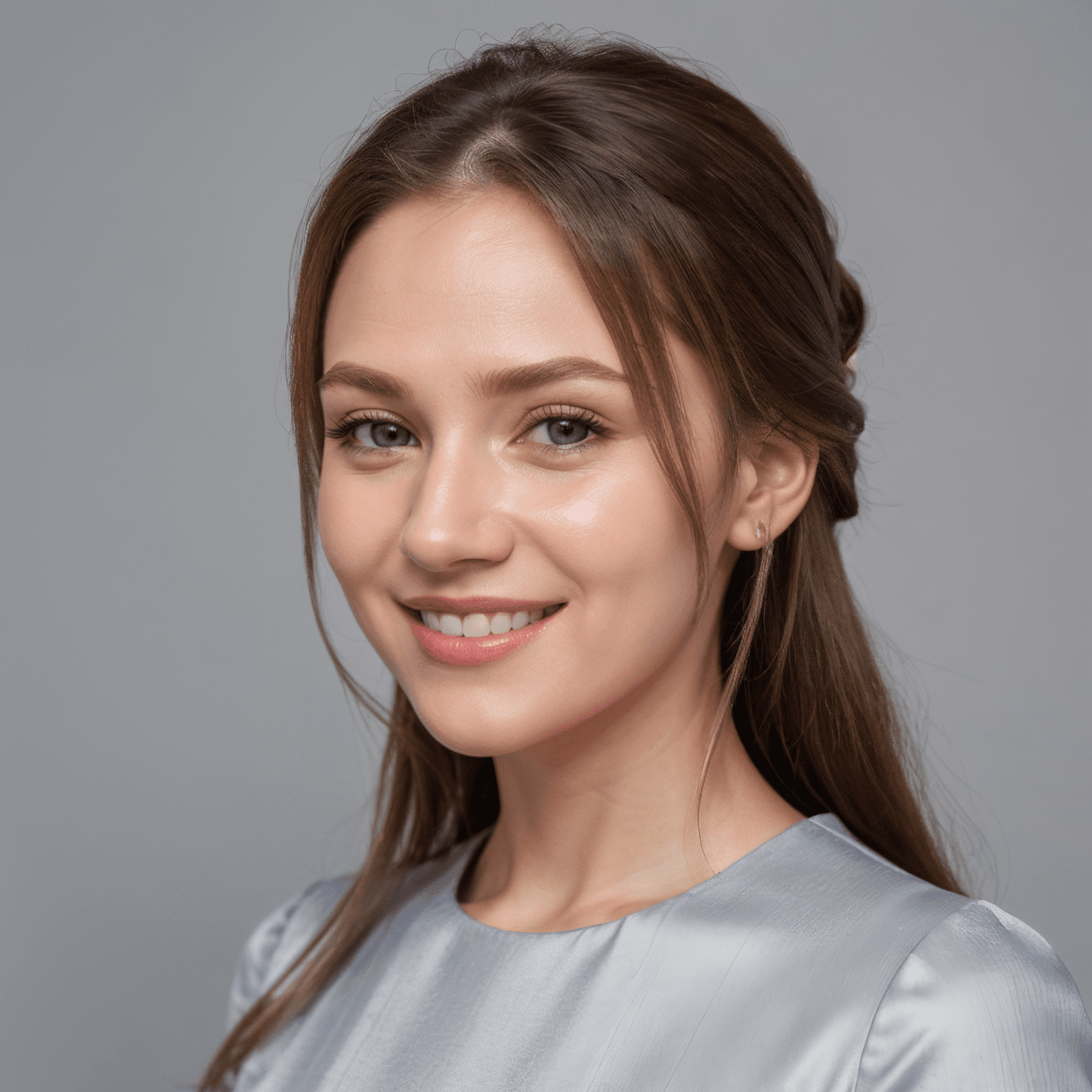AI generated portrait image of a young East European woman with long brown hair, styled back, smiles gently while wearing a light gray satin blouse. The background is plain and gray, highlighting her natural and polished appearance.