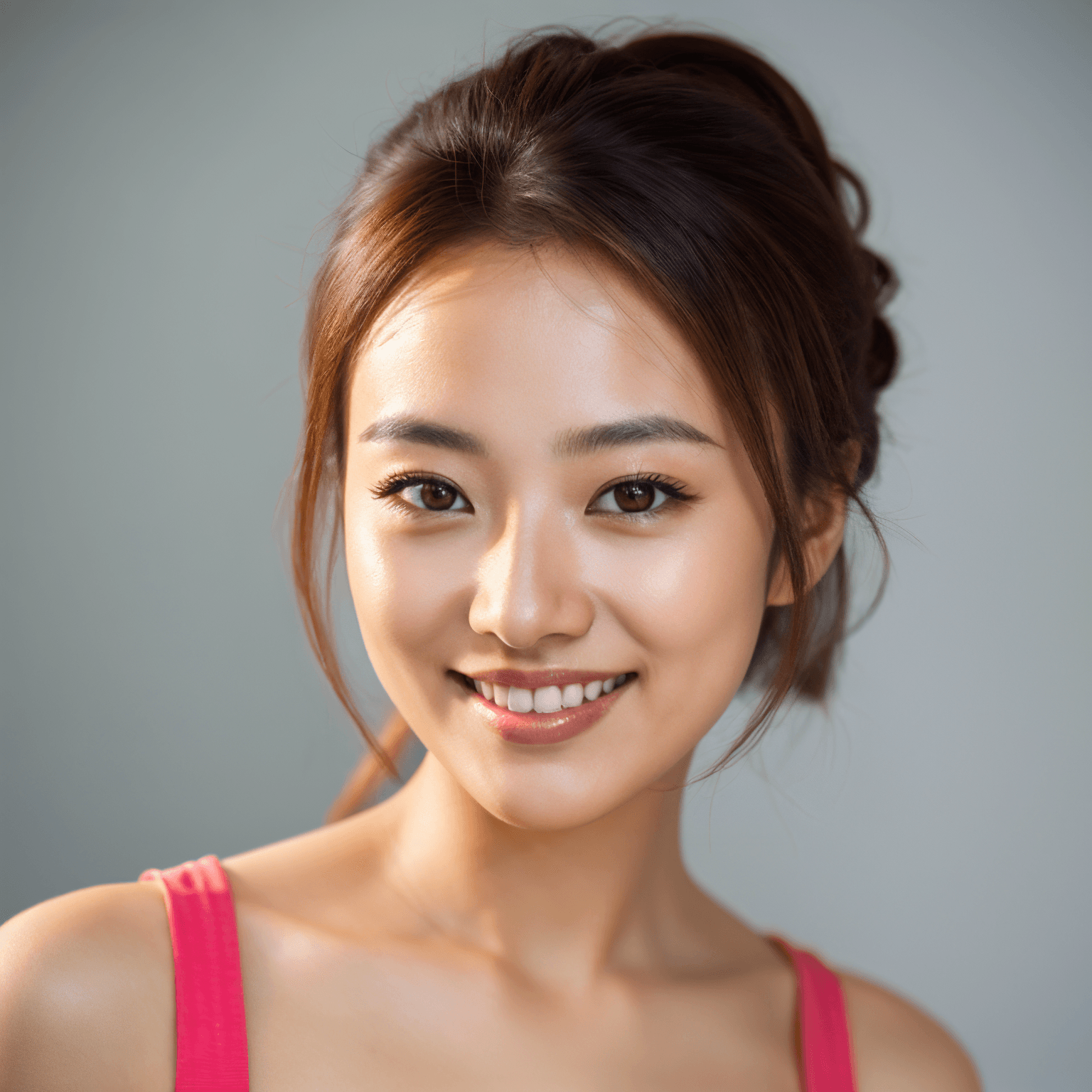 AI generated portrait image of a young Japanese woman with long dark hair in a loose updo smiles warmly at the camera, wearing a pink tank top. The background is softly blurred, keeping the focus on her bright, cheerful expression.
