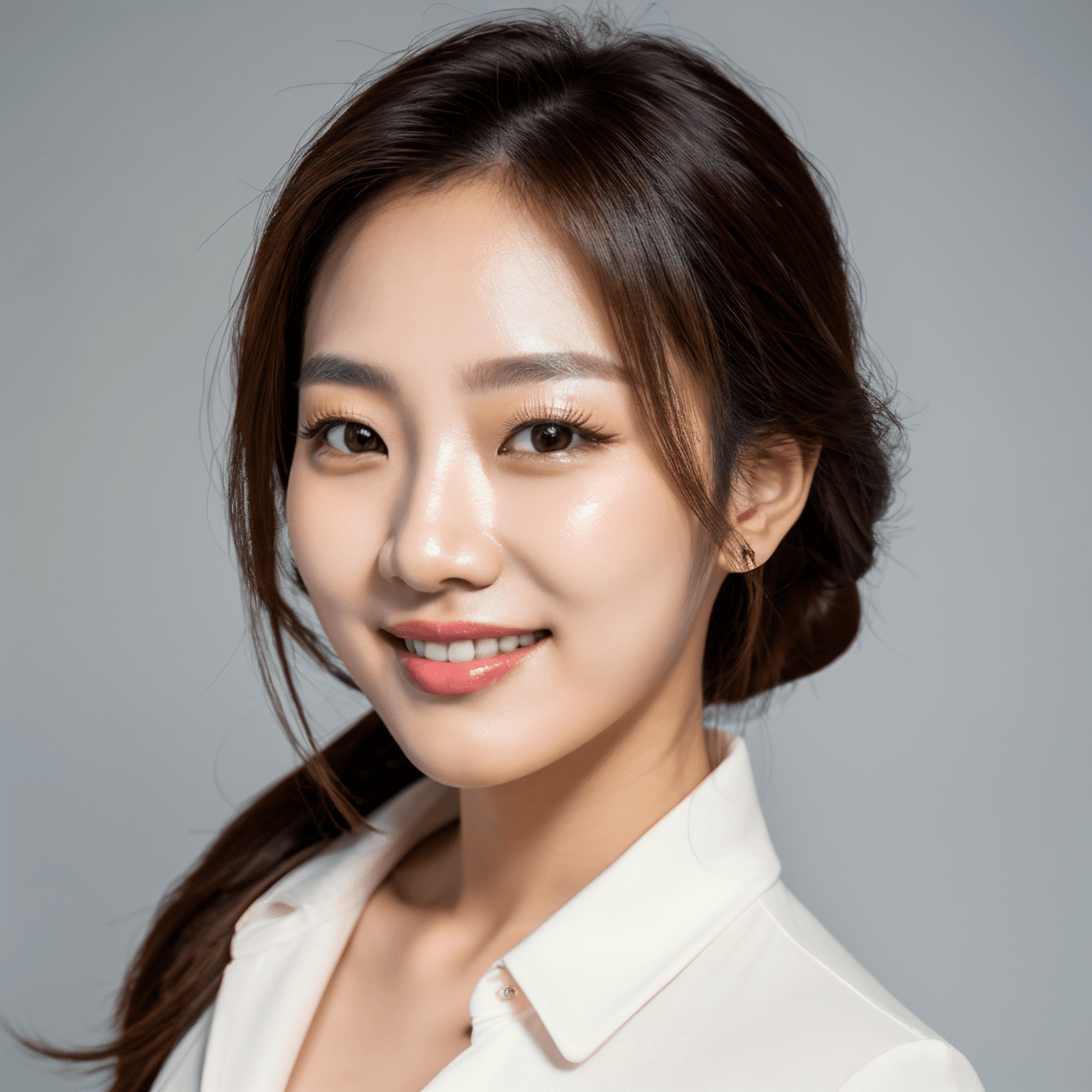 AI generated portrait image of a young Korean woman with long, dark hair styled in a loose braid, wearing a white blouse, smiles softly at the camera against a plain, light gray background.