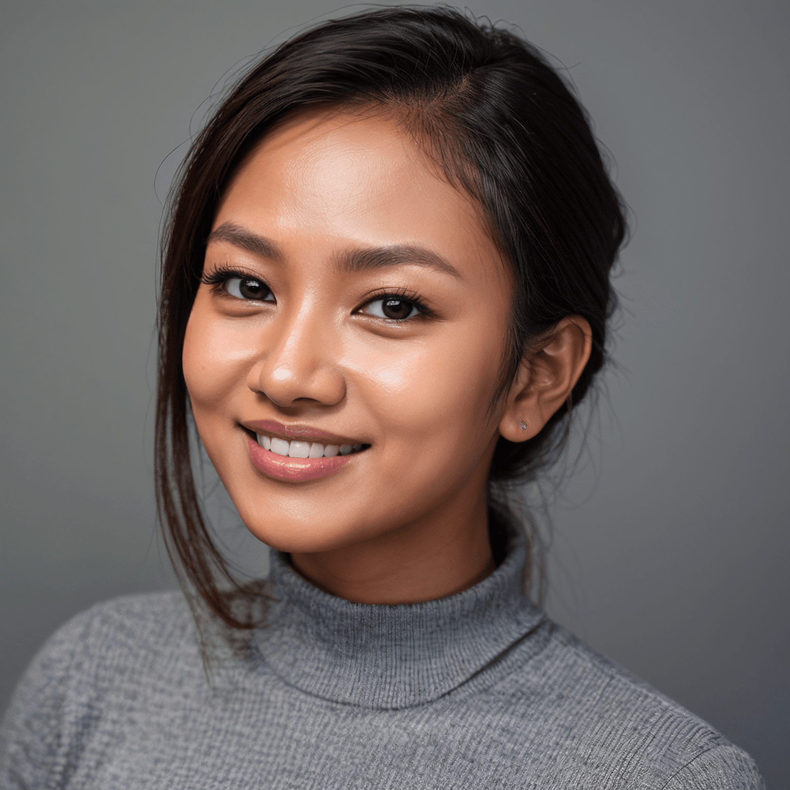 AI generated portrait image of a young Malay woman with long dark hair in a low ponytail smiles warmly, wearing a gray turtleneck sweater, against a plain gray background.