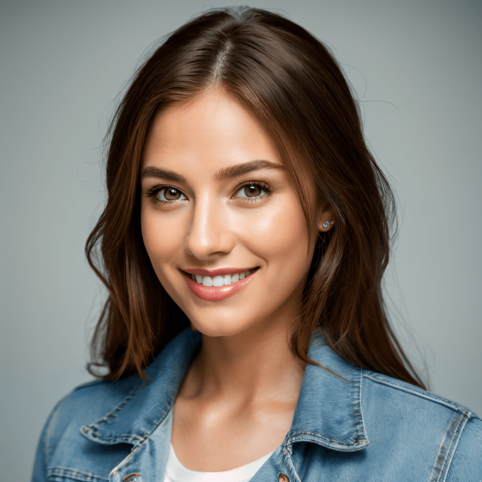 AI generated portrait image of a young North American woman with long brown hair smiles at the camera. She is wearing a light denim jacket over a white shirt, and the background is a soft, neutral gray.