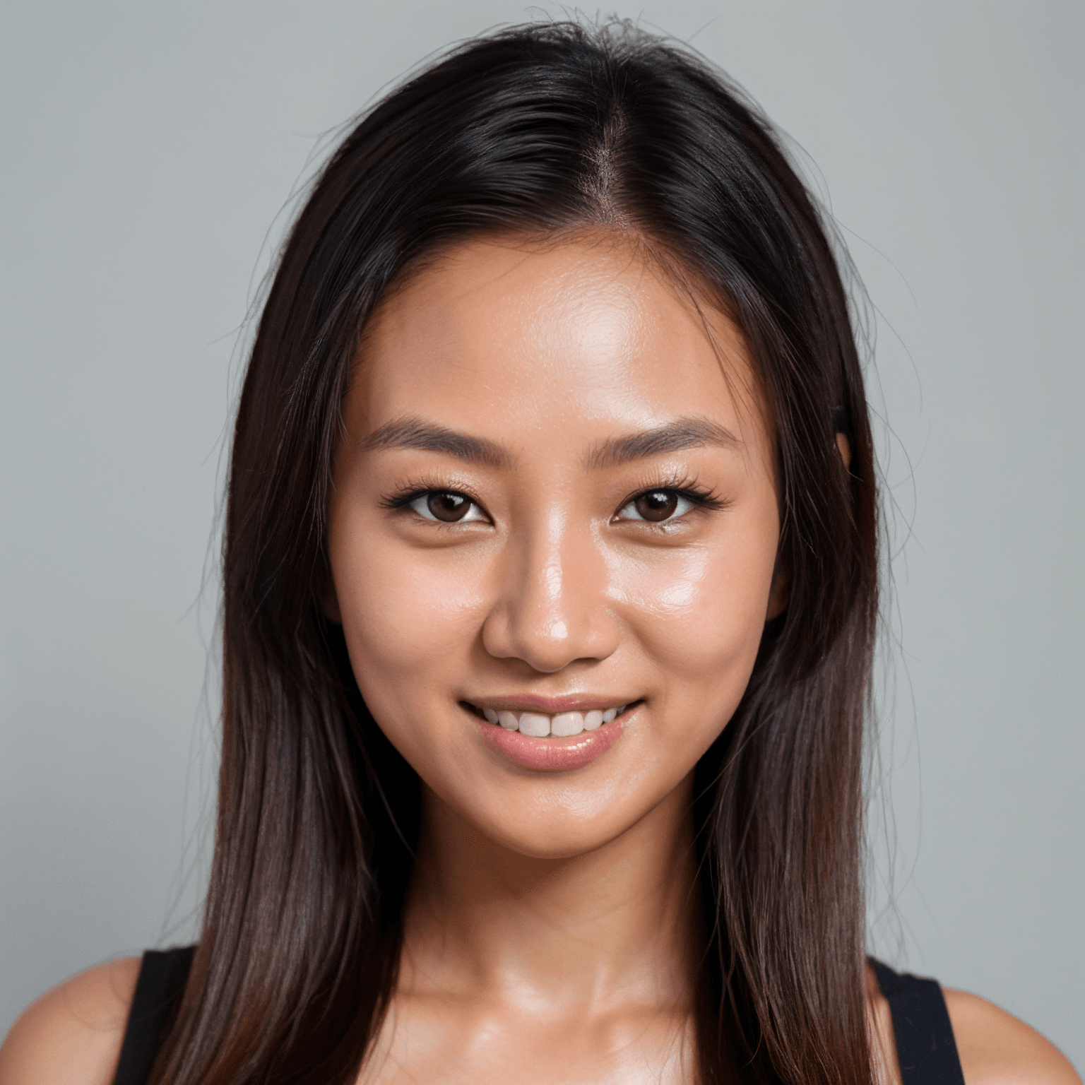 AI generated portrait image of a young Southeast Asian Chinese woman with straight, long dark hair smiles gently at the camera. She has smooth, glowing skin and is wearing a black top. The background is a simple, light gray, keeping the focus on her face.