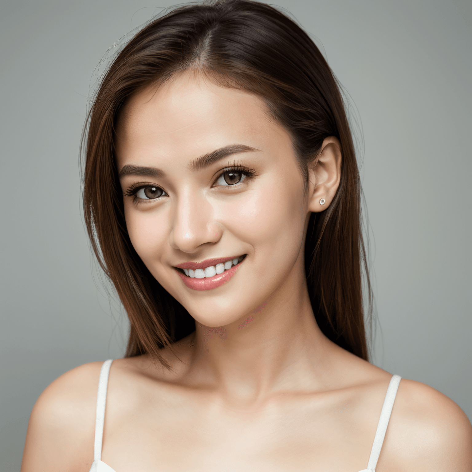 AI generated portrait image of a young Thai woman with long brown hair smiles warmly at the camera, wearing a white sleeveless top against a plain gray background.